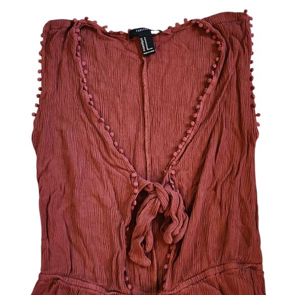 Forever 21 Womens Crinkle Romper Shorts Size M Burnt Orange Sleeveless Tie Front - Picture 4 of 11
